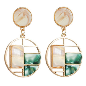 Green and Beige Marble Effect Patchwork Disc Drop Earrings