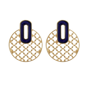 Gold Tone Waffle Pattern With Blue Enamel Stud Earrings