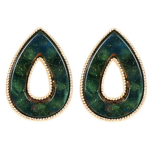 Green Acrylic Teardrop Gold Tone Stud Earrings