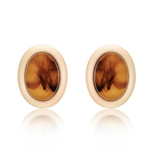 Brown Marble Effect Oval Gold Tone Trim Stud Earrings