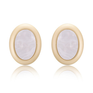 White Marble Effect Oval Gold Tone Trim Stud Earrings