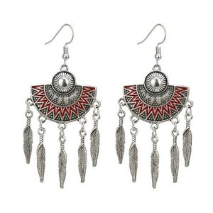 Red Tribal Fan Shape with Feathers Silver Tone Vintage Style Drop Earrings