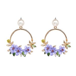 Purple Flowers Crystal Faux Pearl Vintage Style Statement Drop Hoop Earrings