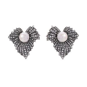 Antique Silver-Tone Diamante Leaf with Pearl Vintage Inspired Stud Earrings