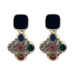 Crystal Embellished Quatrefoil Black Square Drop Earrings