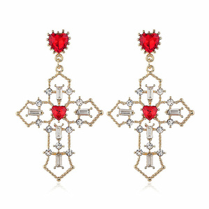 Crystal Embellished Cross with Red Heart Drop Earrings