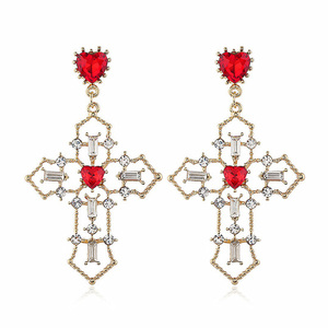 Crystal Embellished Cross with Red Heart Drop Earrings