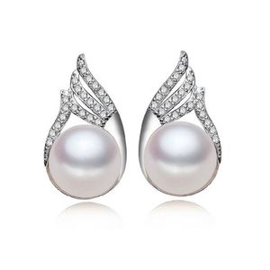 AAA White Button Freshwater Cultured Pearl CZ Wing Hallmarked Sterling Silver Stud Earrings