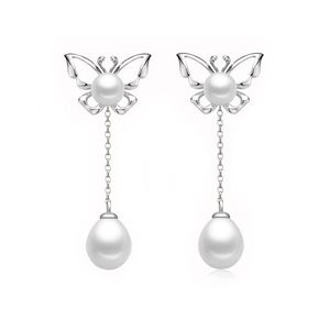 AAA White Freshwater Cultured Pearl Butterfly Hallmarked Sterling Silver Dangle Earrings