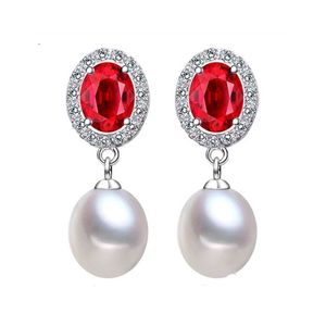 AAA White Freshwater Cultured Pearl Red Oval CZ Hallmarked Sterling Silver Drop Earrings