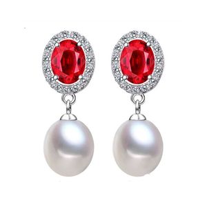 AAA White Freshwater Cultured Pearl Red Oval CZ Hallmarked Sterling Silver Drop Earrings