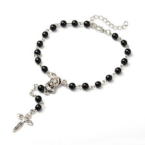 Black glass painted beads anklet with virgin and child pendant (Lobster claw clasp)