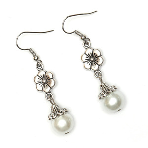 White glass pearl beads with Tibetan style silver tone flower drop earrings