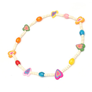 White Dyed Wood Beads with Colourful Hearts and Elastic Crystal Thread Necklace, Kids Jewelry