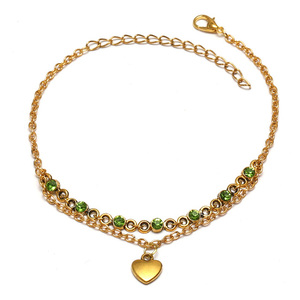 Antique golden tone anklet with peridot rhinestone and heart charm 