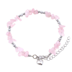 Lovely Rose Quartz gemstone chips with silver-tone beads and heart charm anklet