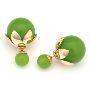 Double sided green resin ball with gold-tone leaf bead cap ear studs