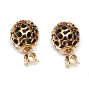 Black crystal golden hollow ball stainless steel double sided ear studs