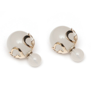Jelly white imitation pearl with golden heart cap stainless steel double sided ear studs