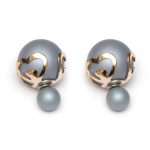 Gray imitation pearl with golden heart cap stainless steel double sided ear studs