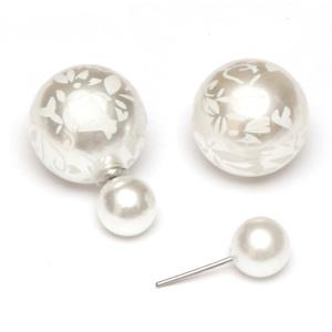 White resin bead with flower printed stainless steel double sided stud earrings