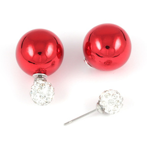 Red plastic pearl bead with crystal ball double sided stud earrings