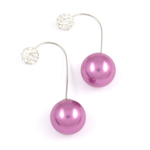 Medium orchid acrylic pearl bead with crystal ball double sided ear jackets earrings