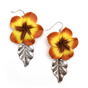 Handmade Yellow-Brown Leelawadee Flower Polymer Clay Dangle Earrings with Tibetan Style Leaf Charm