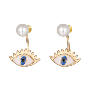 Acrylic pearl bead with dangling enamel Evil Eye stud earrings