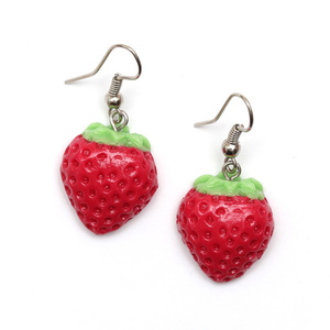 Miniature red strawberry polymer clay drop earrings