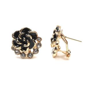 Black Enamel Flower with Crystal Stud Earrings
