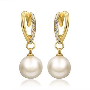 Yellow Gold Plated with Crystal and White Simulated Pearl Drop Stud Earrings
