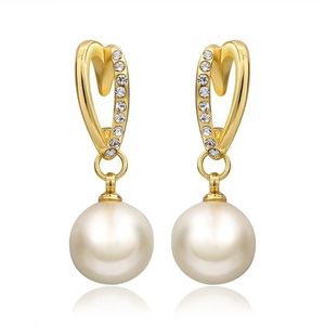 Yellow Gold Plated with Crystal and White Simulated Pearl Drop Stud Earrings
