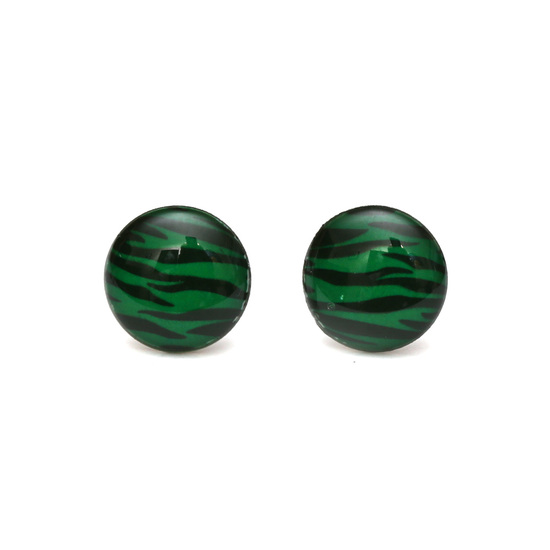 Green and black zebra print round stud stainless steel earrings