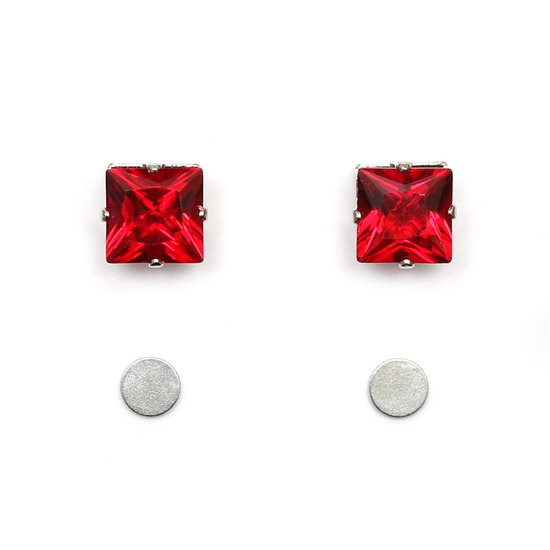 Square shape magnetic earrings with red quadrate crystal (8 x 8 mm)