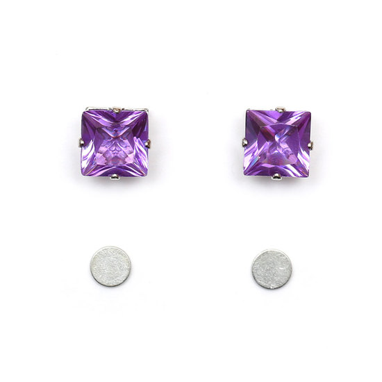 Square shape magnetic earrings with purple quadrate crystal (8 x 8 mm)