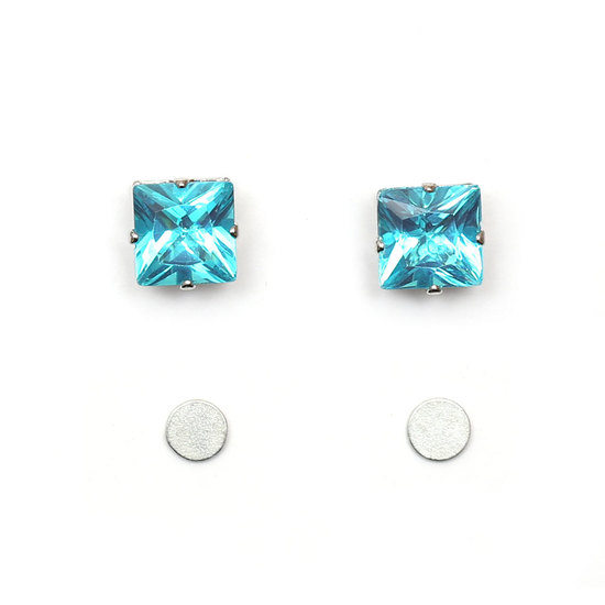 Square shape magnetic earrings with sky blue quadrate crystal (8 x 8 mm)
