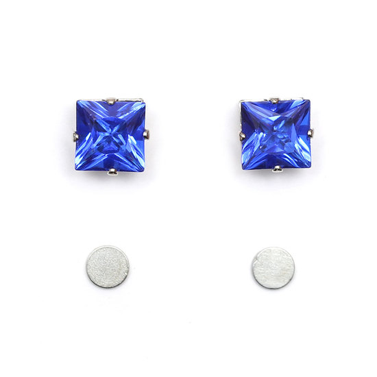 Square shape magnetic earrings with blue quadrate crystal (8 x 8 mm)
