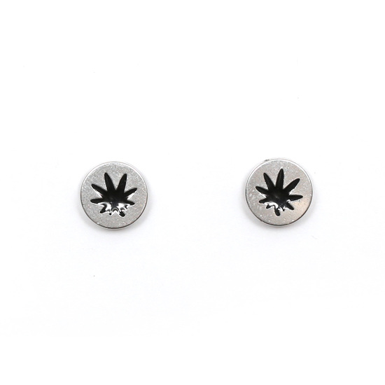 Mens 316L Stainless steel stud magnetic clip-on earrings, 8 mm silver and black hemp leaf, sold as a pair