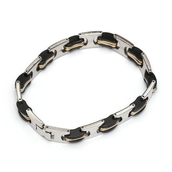 Mens Stainless steel and black rubber link bracelet