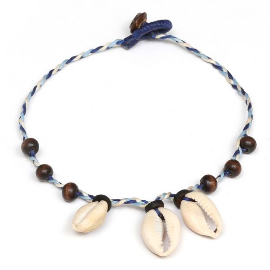 Handmade blue wax cord anklet with wooden bead...