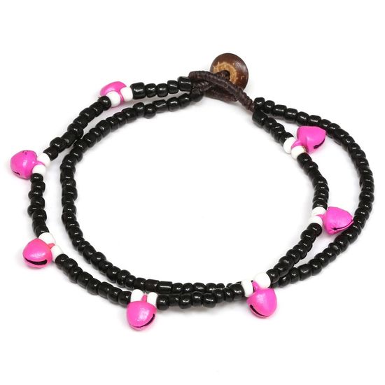 Handmade double-strand seed bead with pink bell wax cord anklet