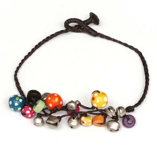 Handmade colourful wooden bead with bell wax cord...
