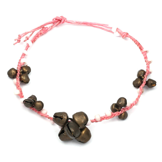 Handmade white beads with bells pink wax cord...