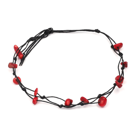 Handmade red stones black wax cord anklet with...