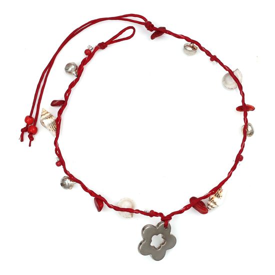 Handmade Red Stones and Shells with Flower Charm...