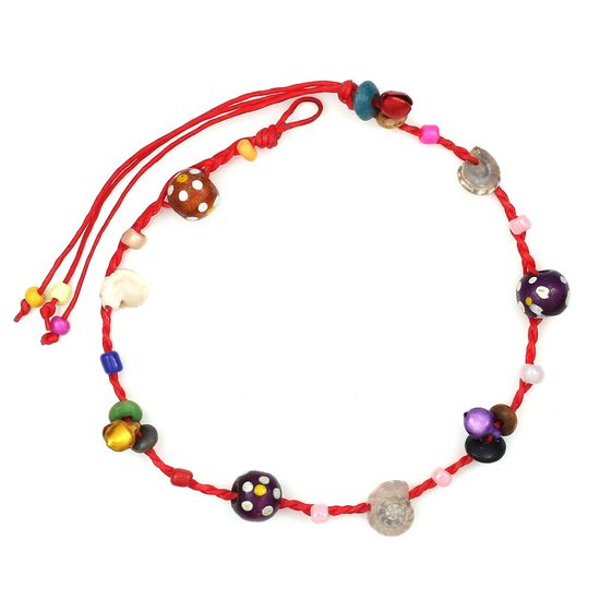 Handmade Shells with Multicoloured Wooden Beads and Bells Red Wax Cord Anklet