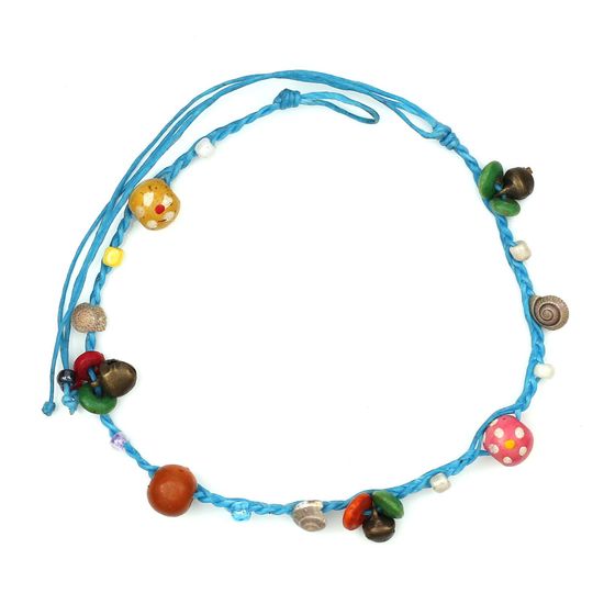 Handmade Shells with Multicoloured Wooden Beads and Bells Blue Wax Cord Anklet