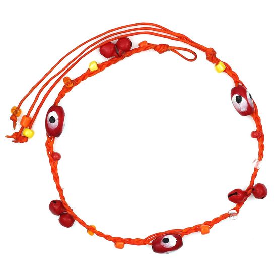 Handmade Red Wooden Beads and Bells Orange Wax Cord Anklet