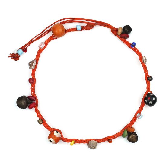Handmade Multicoloured Wooden Beads and Bells Orange Wax Cord Anklet